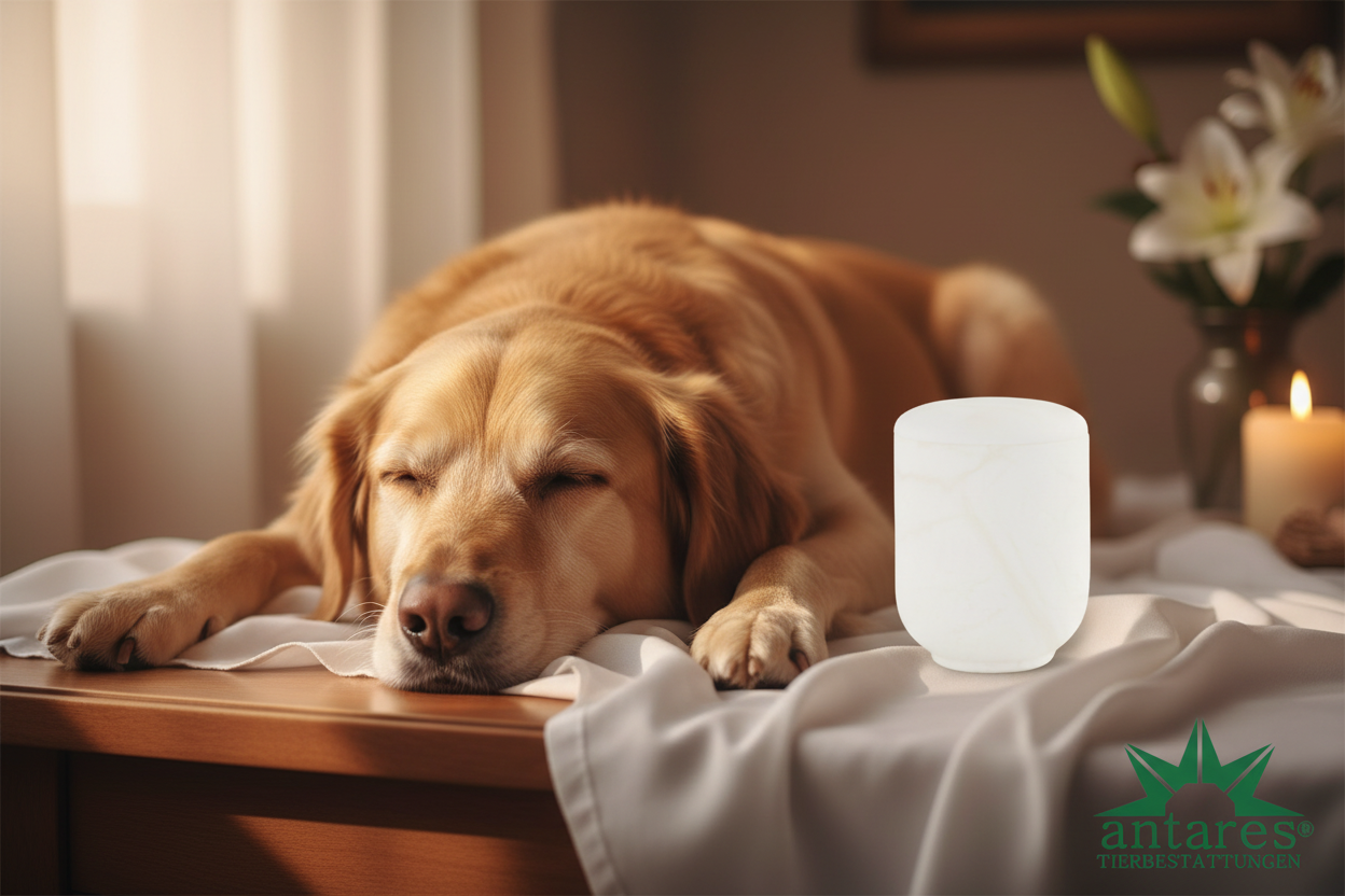 Einzeleinäscherung Hund mit Alabasturne und Antares Logo